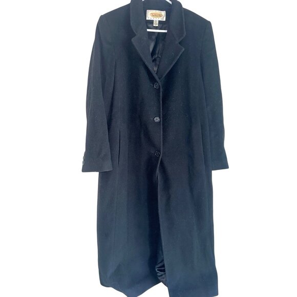 Vtg Talbots Womens Petite 12 Lined Long Coat Wool Cashmere Blend Black Overcoat - Picture 1 of 9